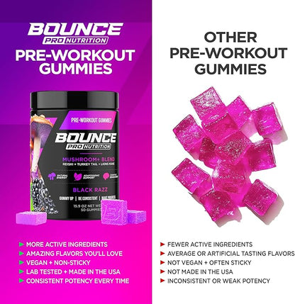 Bounce Pro Pre Workout Gummies – 70 Vegan Chewable Gummies with Caffeine, Lion’s Mane & L-Theanine for Energy, Focus & Endurance – Mushroom Preworkout for Men & Women – Black Razz Flavor