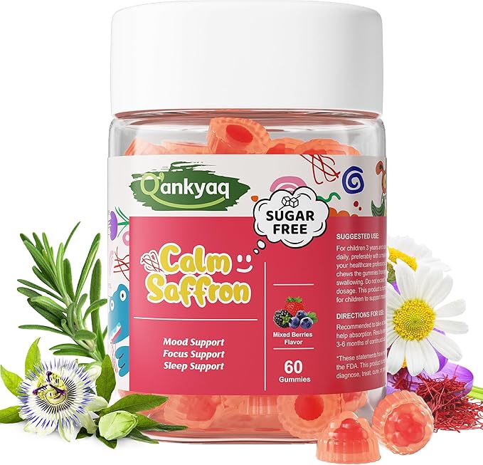 Q'ankyaq Kids Saffron Gummies, Saffron Supplements for Kids (3 yrs+), Focus and Memory Gummiess, Mood Balance with Rosemary, Passion Flower Extract, Chamomile Extract, Sugar-Free, Vegan, 60 Counts