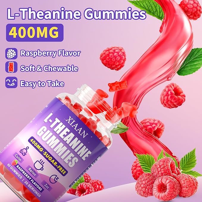 L-Theanine Gummies for Kids & Adults, L'Theanine 400mg Chewable L Theanine Supplement for Calm, Zzz & Relaxation Support, Vegan, Organic, Raspberry Flavor, 60 Counts