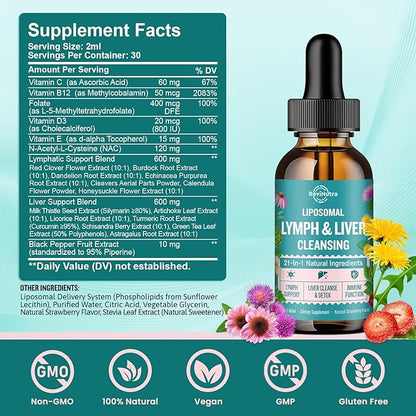 2 Pack Liposomal Lymphatic Drainage Drops, Liver Cleanse Detox & Repair Liquid Supplement with Milk Thistle, Dandelion, Burdock Root - Lymph & Liver Detox, Antioxidant, Strawberry Flavor 4 Fl Oz