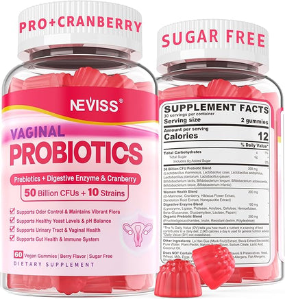 Vaginal Probiotics Gummies for Women PH Balance, Odor Control with Prebiotics, Cranberry, D-Mannose, Promotes Feminine Healthy Vaginal Flora, Urinary Tract, Yeast, Digestive Support, Sugar Free,60Cts