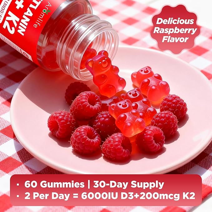 Aromlife Vitamin D3 K2 Gummies for Bone Teeth, 6000IU D3 + 200mcg K2 Per Serving High Absorption Vitamin Gummies with Calcium & Magnesium for Women Men, 60 Count Raspberry Flavor Vegan Gluten-Free