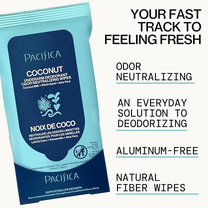 Pacifica Beauty Coconut Milk & Essential Oils Underarm Deodorant Wipes, Helps Remove Odor, Aluminum-Free, Vegan & Cruelty-Free, 30 Wipes (1-Pack)