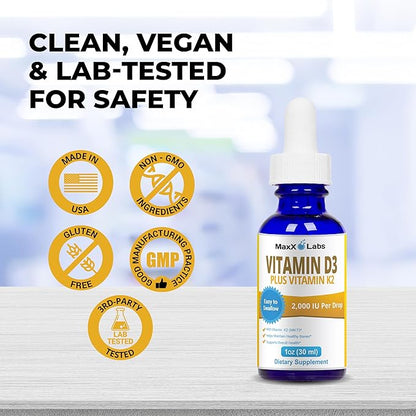 Vitamin D3 K2 Liquid Drops - Liquid Vitamin-D3 2000 IU Per Drop with K2 Supplements for Adults & Kids - Vitamin D K2 MK7 for Healthy Bones, Heart & Immune - 1 Oz Dropper + 900 Days Supply