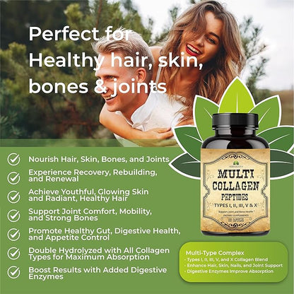 HERBALICIOUS Multi Collagen Peptides Capsules - Non-GMO & Gluten Free Type I, II, III, V, X Hydrolyzed Collagen Supplements with Vitamin C - Supports Healthy Hair, Skin, Nails, & Joints - 120 Capsules