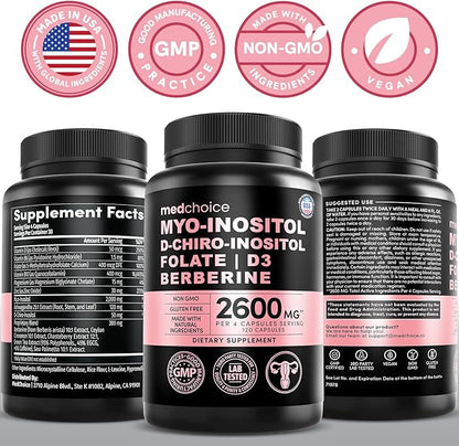 14-in-1 Women’s Inositol Complex Supplement – 40:1 Myo & D-Chiro Inositol with Folate, Vitamin D3, Zinc, Magnesium & Botanicals for Hormone & Feminine Wellness Support – (120 Capsules) (Pack of 2)