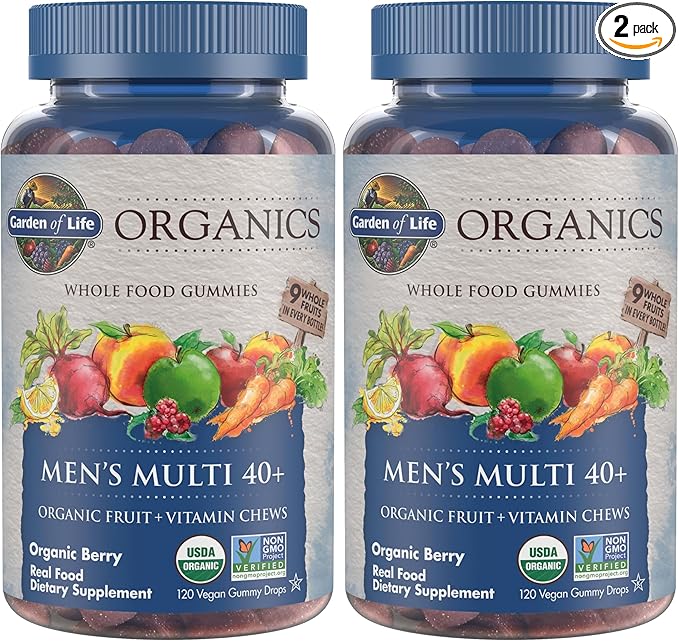 Garden of Life Organics Men 40+ Gummy Vitamins - Berry - Certified Organic, Non-GMO, Vegan, Kosher Complete Multi - Methyl B12, C & D3 - Gluten, Soy & Dairy Free, 120 Real Fruit Gummies, (Pack of 2)