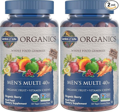 Garden of Life Organics Men 40+ Gummy Vitamins - Berry - Certified Organic, Non-GMO, Vegan, Kosher Complete Multi - Methyl B12, C & D3 - Gluten, Soy & Dairy Free, 120 Real Fruit Gummies, (Pack of 2)