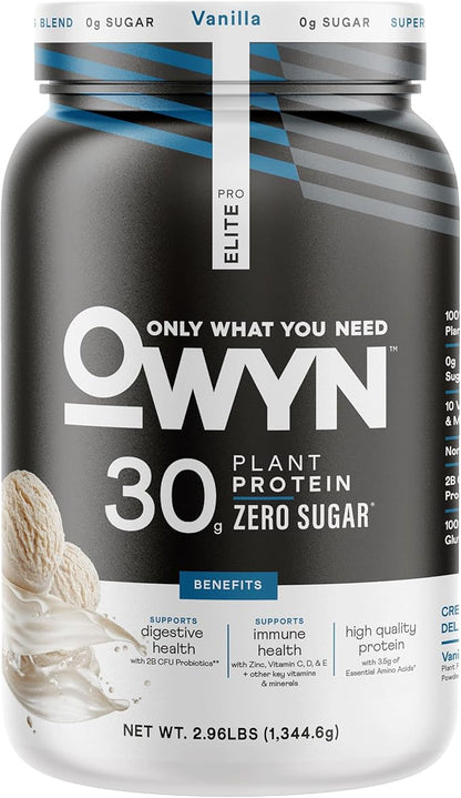 OWYN Only What You Need Pro Elite Vanilla Flavored Protein Powder, 32g Protein, 0g Sugar, 4g Fiber, High Protein, Dairy Free, Gluten Free, Plant Based Protein Powder, 2.9LB
