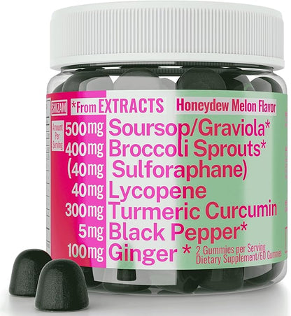 Soursop Graviola Curcumin Lycopene Broccoli Sprouts Sulforaphane Extract Gummies with Turmeric Curcumin Ginger Black Pepper, Sour Sop Guyabano Leaf Supplement, Chew Chewable Pills Capsules Supplements
