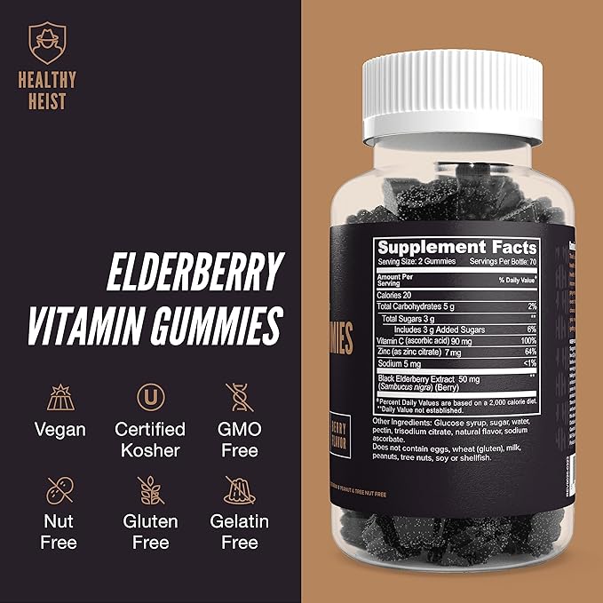 Sambucus Black Elderberry Gummies for Adults and Kids with Zinc and Vitamin C, 280 Gummy Bulk Size, Chewable Immune Support, Non GMO, Kosher, Pectin, Vegan, Delicious Berry Flavor by Healthy Heist