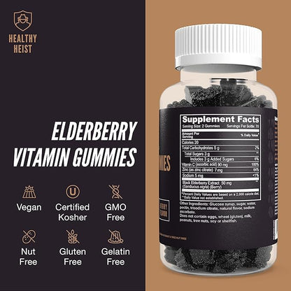 Sambucus Black Elderberry Gummies for Adults and Kids with Zinc and Vitamin C, 280 Gummy Bulk Size, Chewable Immune Support, Non GMO, Kosher, Pectin, Vegan, Delicious Berry Flavor by Healthy Heist