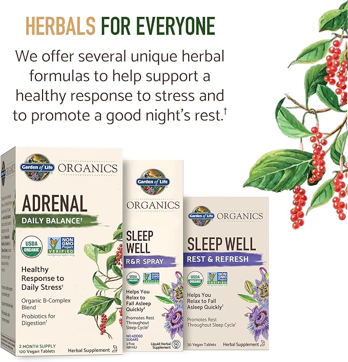 Garden of Life Organics Adrenal Daily Balance, Adaptogenic Herbs Ashwagandha, Holy Basil, B Complex & Probiotics, Organic Non-GMO, Vegan, Gluten Free Supplement, Two Month Supply, 120 Tablets
