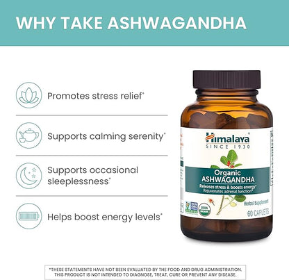 Himalaya Organic Ashwagandha Root, 120 Day Supply - Herbal Adrenal Support Supplements for Stress Relief and Energy Support - USDA Organic, Non-GMO, Vegan, Gluten Free, 60 Caplets, 2 Pack