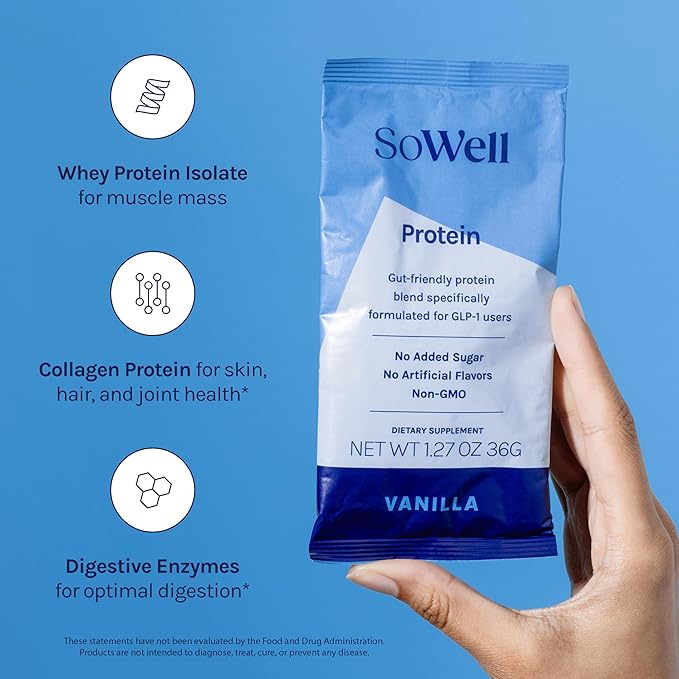 SoWell GLP-1 Protein Vanilla Powder with Whey Collagen and Digestive Enzymes for Muscle Mass, Skin, Hair, Nails and Digestion Support, 14 Stick Packs