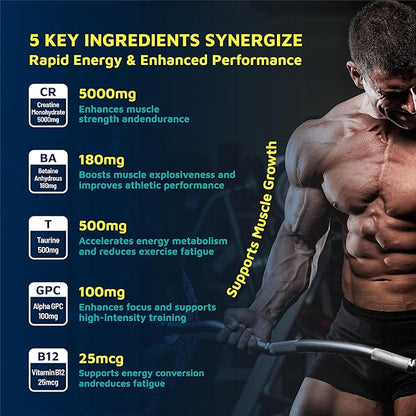 Creatine Monohydrate Gummies 5800mg with Betaine & Alpha GPC | 0 Sugar | Pre Workout Energy Booster for Men & Women | Muscle Growth & Boost Strength & Faster Recovery | (120, Blueberry)