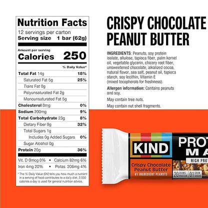 KIND Protein MAX Crispy Chocolate Peanut Butter Snack Bars, 20g of Protein, Keto Friendly, 1g of Sugar Per Bar, Gluten Free, 12 Count Box