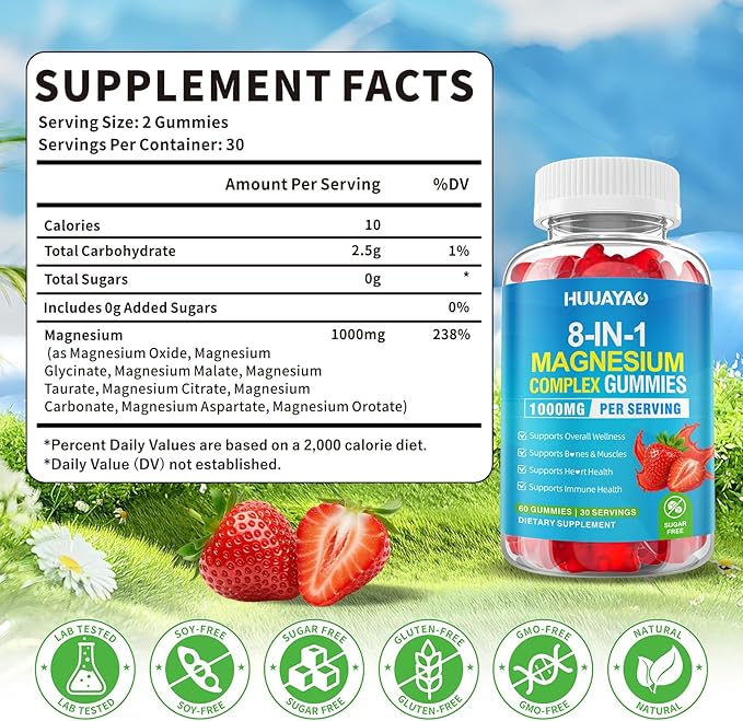 Magnesium Complex Gummies for Women Men 8 in 1, Magnesium Glycinate, Citrate, Malate, Taurate, Supports Bones, Muscle, Nerve Health, Sugar-Free, Vegan Non-GMO, Strawberry Flavor, 120 Count