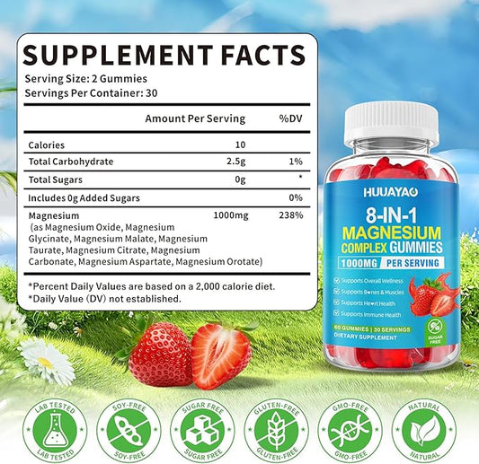 Magnesium Complex Gummies for Women Men 8 in 1, Magnesium Glycinate, Citrate, Malate, Taurate, Supports Bones, Muscle, Nerve Health, Sugar-Free, Vegan Non-GMO, Strawberry Flavor, 120 Count