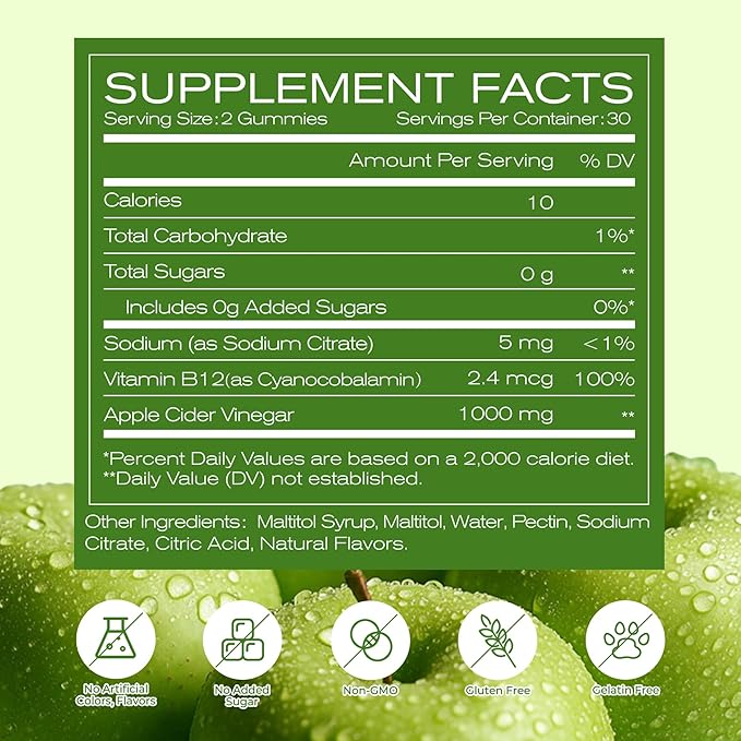 NEWELLME Sugar-Free Apple Cider Vinegar Gummies for Metabolism - 1000mg ACV with The Mother & Vitamin B12 for Energy Support - Vegan, Gluten-Free,120 Counts