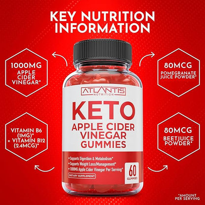 Atlantis Nutrition Keto ACV Gummies for Weight Loss - Apple Cider Vinegar Gummies Formulated to Support Advanced Weight Loss, Digestion, Detox & Cleansing, Made with 1000MG ACV Per Serving - 60 Count