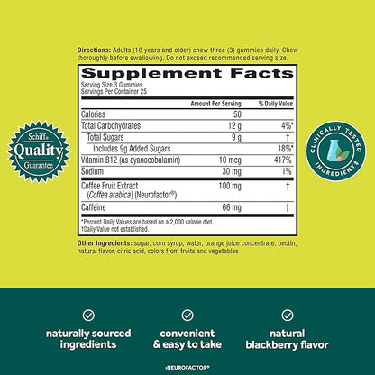 NEURIVA Brain + Energy Gummies, Nootropic Brain Supplements for Focus and Concentration with Neurofactor, Vitamin B12 & Caffeine for an Energy Boost*, 75ct Natural BlackBerry, (Pack of 2)