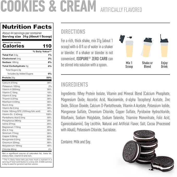 Isopure Zero Carb 100% Pure Whey Isolate Protein Powder, Gluten Free, With Vitamins, Cookies & Cream, 25g Protein Per Serving, 3 Pounds, 44 Servings (Packaging May Vary)