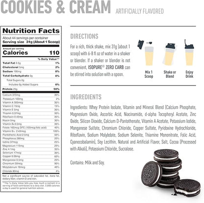 Isopure Zero Carb 100% Pure Whey Isolate Protein Powder, Gluten Free, With Vitamins, Cookies & Cream, 25g Protein Per Serving, 3 Pounds, 44 Servings (Packaging May Vary)