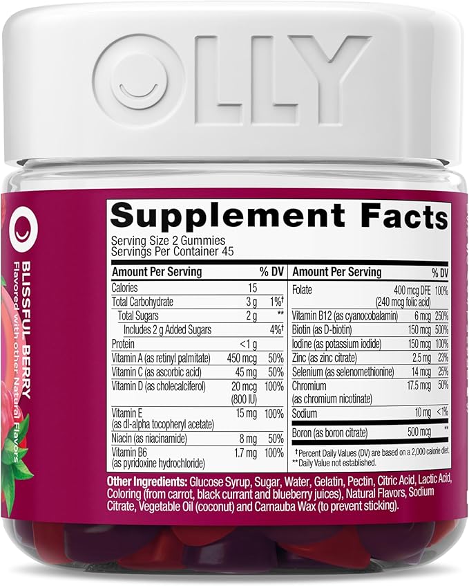 OLLY Women's Multivitamin Gummy, Vitamins A, D, C, E, Biotin, Folic Acid, Adult Chewable Vitamin, Berry Flavor, 45 Day Supply - 90 Count