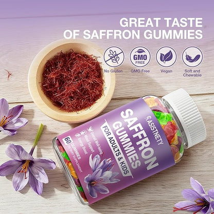 Saffron Gummies for Kids & Adults 88.5mg Saffron Extract, Cαlm, Focus & Mood Support, Saffron Supplement with L-Theanine, St.John's Wort, Lemon Balm, Magnesium, Gentle Nerve & Rest Support (Pack of 2)
