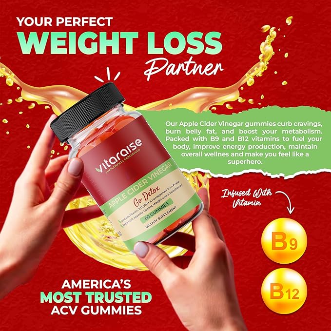 Apple Cider Vinegar Gummies - ACV with Mother Gummies for Weight Loss - Detox & Digestion Support - 1000mg - Keto ACV Gummies B9 & B12 - Metabolism Booster - Vegan, Non-GMO, Gluten-Free - 60 Chews