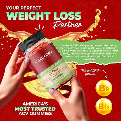 Apple Cider Vinegar Gummies - ACV with Mother Gummies for Weight Loss - Detox & Digestion Support - 1000mg - Keto ACV Gummies B9 & B12 - Metabolism Booster - Vegan, Non-GMO, Gluten-Free - 60 Chews