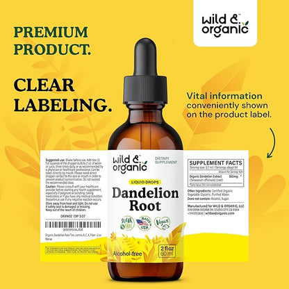Wild & Organic Dandelion Root Supplement - Liver Detox Cleanse Support - Dandelion Root Tincture - Add to Tea - Herbal Liver Supplement - Vegan, Sugar & Alcohol-Free Liquid Extract Drops - 2 fl oz