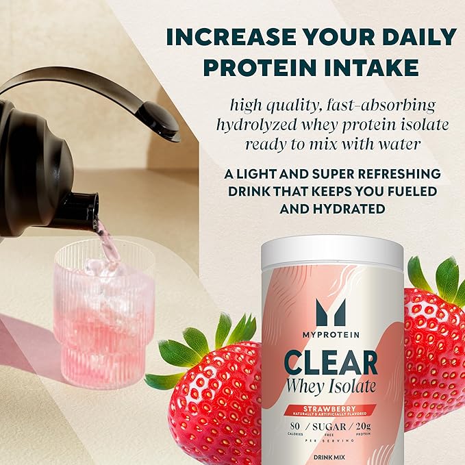 Myprotein Clear Whey Isolate Protein Powder, 20 Servings (1.1lbs) Strawberry, 20g Protein per Serving, Naturally Flavored Drink Mix, Daily Protein Intake for Superior Performance
