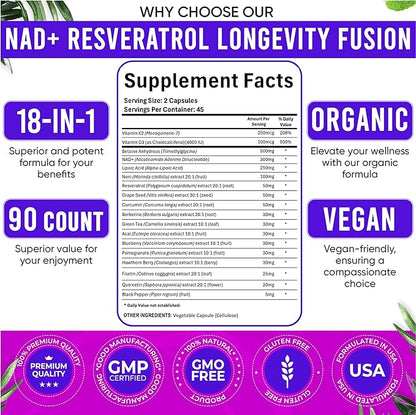 Adndale Liposomal NAD Supplement. Longevity Formula NMN Supplement Alternative. 180CT Advanced NAD+ Resveratrol