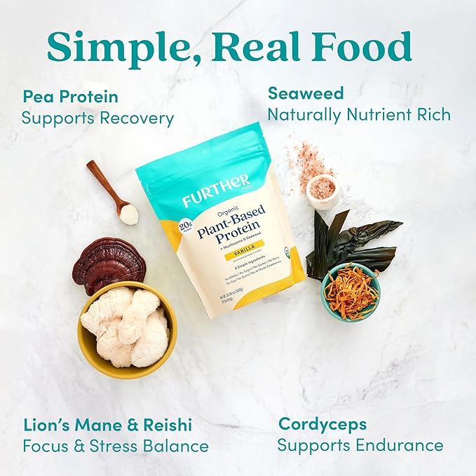 Further Food Organic Vegan Protein Powder Vanilla – 20g Pea Protein with Mushrooms & Seaweed, Non-GMO, Gluten Free, Sugar Free, 20.46 Oz