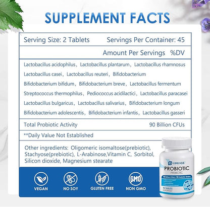 OMOGS Probiotics 90 Billion CFUs 18 Strains,with 3 Organic Prebiotics & Vitamin C,Nutritional Supplement for Women,Men & Kids,Support Metabolism,Immunity and Digestive Health,Non-GMO, 90 Tablets