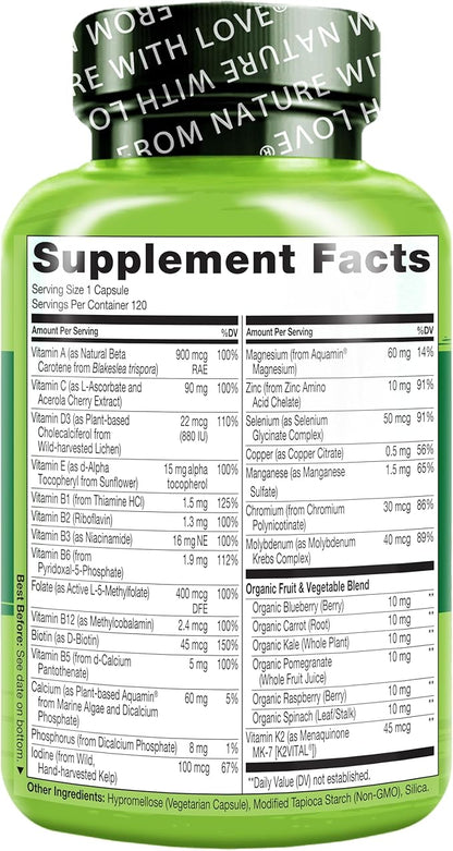 NATURELO One Daily Multivitamin for Women 50+ (Iron Free) - Menopause Support for Women Over 50 - Whole Food Supplement - Non-GMO - No Soy - 120 Capsules - 4 Month Supply