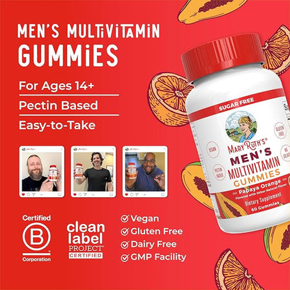 MaryRuth's Multivitamin Gummies for Men | Vitamin A, C, D, E, B6, B12, Biotin, Zinc | Energy Metabolism | Immunity | Bone Health | Cellular Health | Vegan | Non-GMO | Gluten & Sugar Free | 60 Count