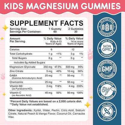 Magnesium Glycinate Gummies for Kids: Calm Magnesium Supplement for Kids & Adults with Zinc Citrate, GABA, Chamomile, Vitamin B6 & C - Sleep, Relaxation & Focus, Juicy Peach & Mango Flavor 60 Count
