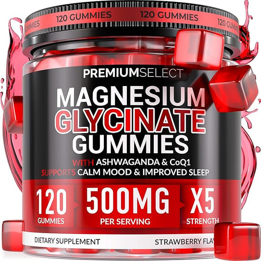 Magnesium Glycinate Gummies for Adults 500mg 120 Sugar Free Gummies Calm and Sleep Support with Ashwagandha Lemon Balm and CoQ10 Magnesium Supplement for Stress and Relaxation