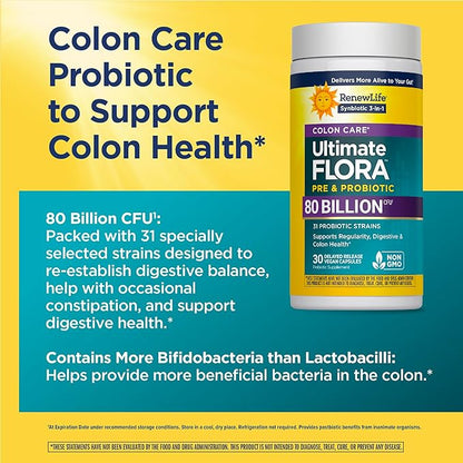Renew Life Probiotic Colon Care Probiotic Capsules, Daily Supplement Offers Colon Support, L. Rhamnosus GG, Dairy, Soy and gluten-free, 80 Billion CFU, 30 Count
