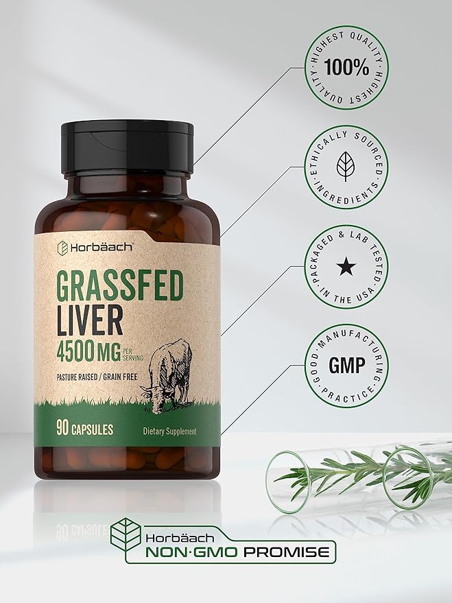 Horbäach Grass Fed Beef Liver | 4500mg | 90 Capsules | Desiccated, Pasture Raised, Grain Free, Non-GMO Supplement