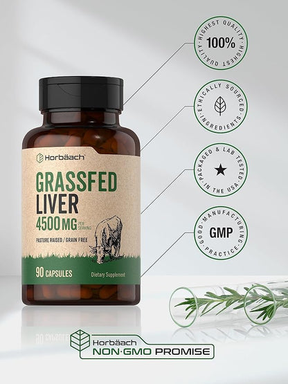 Horbäach Grass Fed Beef Liver | 4500mg | 90 Capsules | Desiccated, Pasture Raised, Grain Free, Non-GMO Supplement