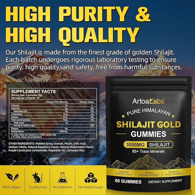 Shilajit Gummies for Men & Women, Pure Himalayan Shilajit Gold Gummies Rich in Ashwagandha, Gokshura with 85+ Trace Minerals, Authentic Flavor, 100% Natural - 60 Gummies