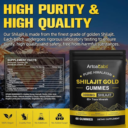 Shilajit Gummies for Men & Women, Pure Himalayan Shilajit Gold Gummies Rich in Ashwagandha, Gokshura with 85+ Trace Minerals, Authentic Flavor, 100% Natural - 60 Gummies