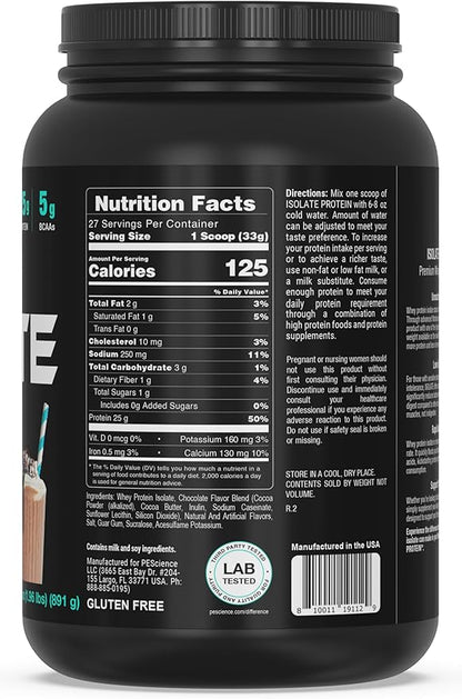 PEScience Isolate Whey Protein Powder, Gourmet Chocolate, 27 Servings, 100% Whey Protein Isolate, Low Carb, Fast Absorbing Post Workout Shake for Men and Women