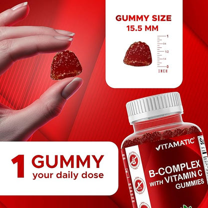 Vitamatic Vitamin B Complex Gummies with Vitamin C & Inositol - Natural Strawberry Flavor - 60 Gummies (2 Bottles)