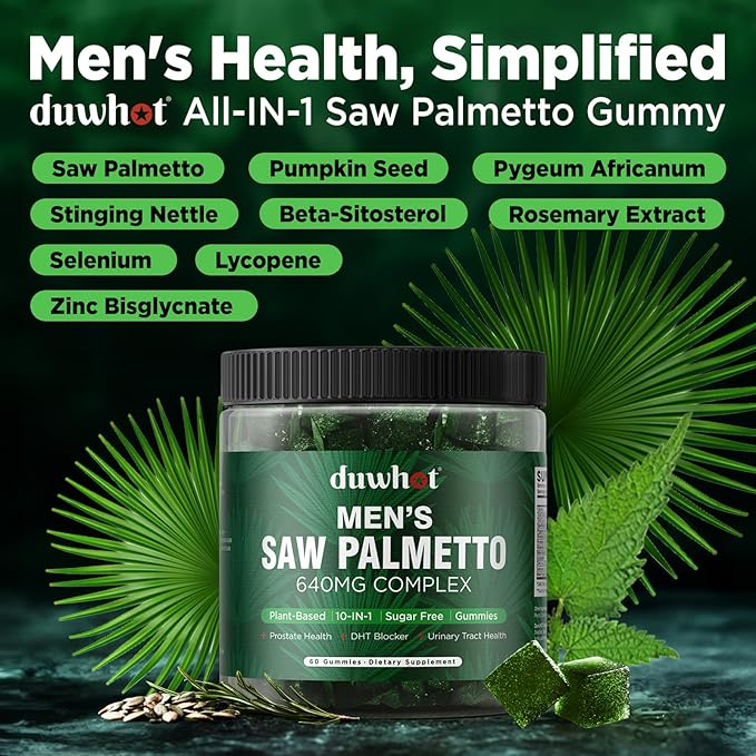 duwhot Saw Palmetto Gummies for Men, Organic Saw Palmetto with Pumpkin Seed Oil for Men Overall Health, Enhanced with Pygeum, Nettle, Sugar-Free, Vegan, 60 Chewables