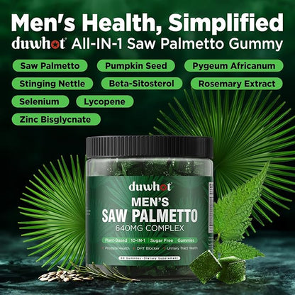 duwhot Saw Palmetto Gummies for Men, Organic Saw Palmetto with Pumpkin Seed Oil for Men Overall Health, Enhanced with Pygeum, Nettle, Sugar-Free, Vegan, 60 Chewables